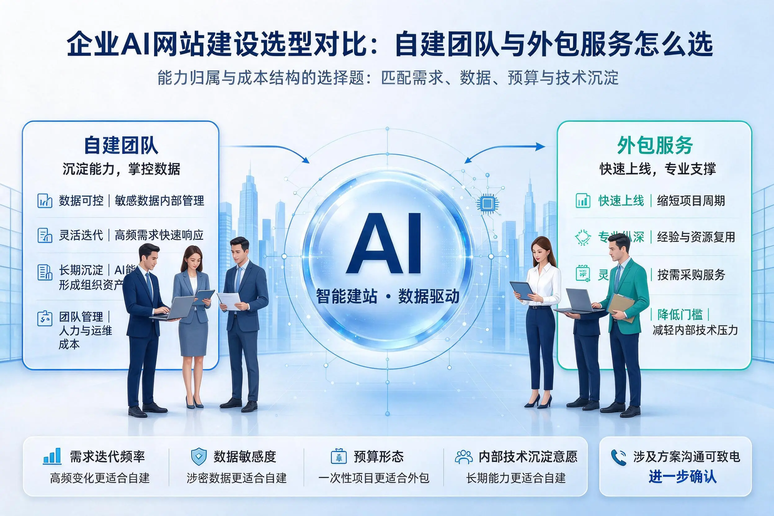 宣城企业AI网站建设选型对比:自建团队与外包服务怎么选
